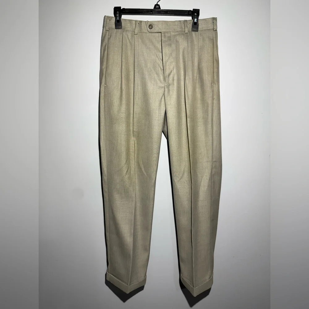 Perry Ellis Tan Dress Pants with Front Pleats and Cuffed Hem